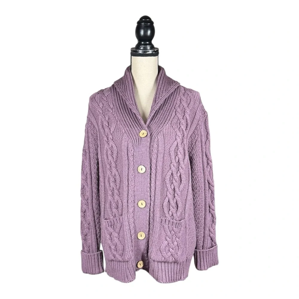 Vintage Peregrine Made In England 100% Pure New Wool Cable Knit Cardigan Sweater